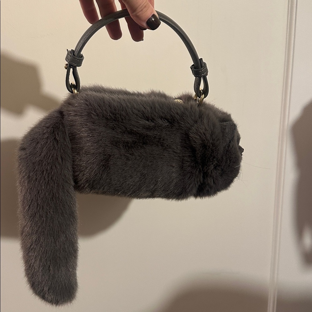 Adorably cute fluffy Cat Purse Plush Soft cat tail zipper Gray $122 handmade - Picture 3 of 8